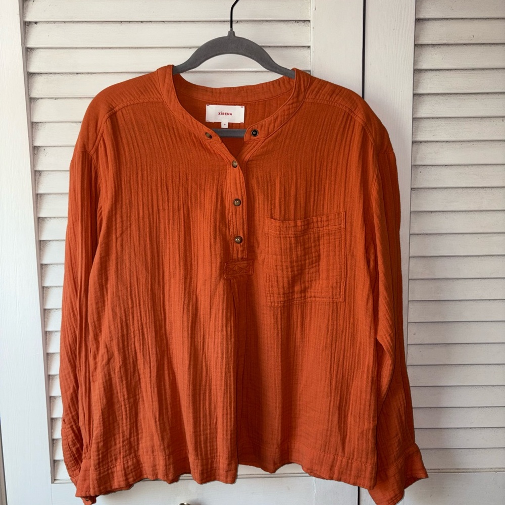 Xirena Gauze Cotton Top Medium Orange Boho Button Front Relaxed USA Made - Picture 3 of 6